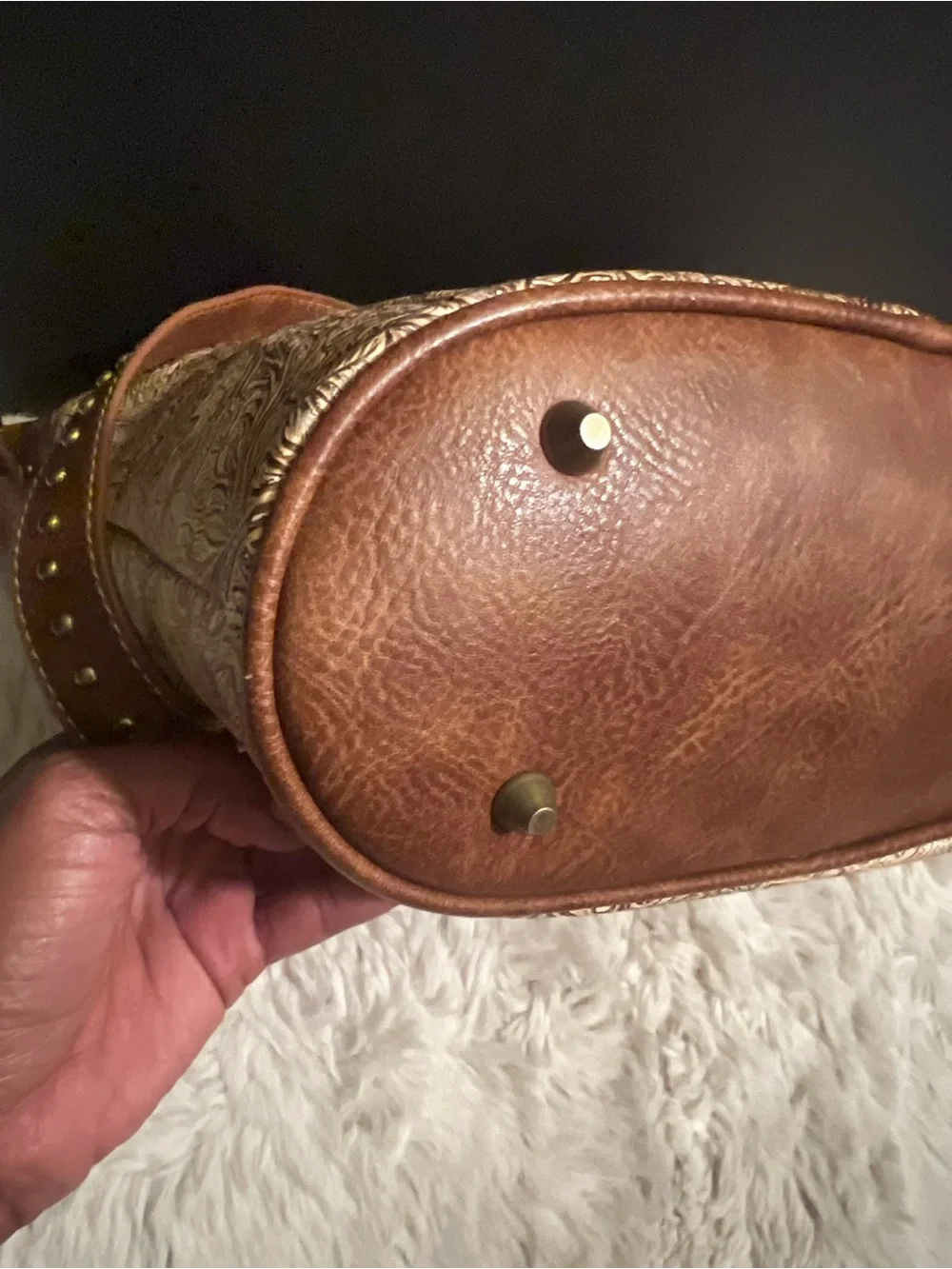 Montana West Tan and Cream Floral Embossed Western Shoulder Bag with Stud Cross